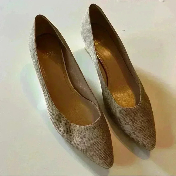 Stuart Weitzman Wedge Heel Dress Flat, Cream Textured Leather with Pearled Heel - Picture 2 of 11